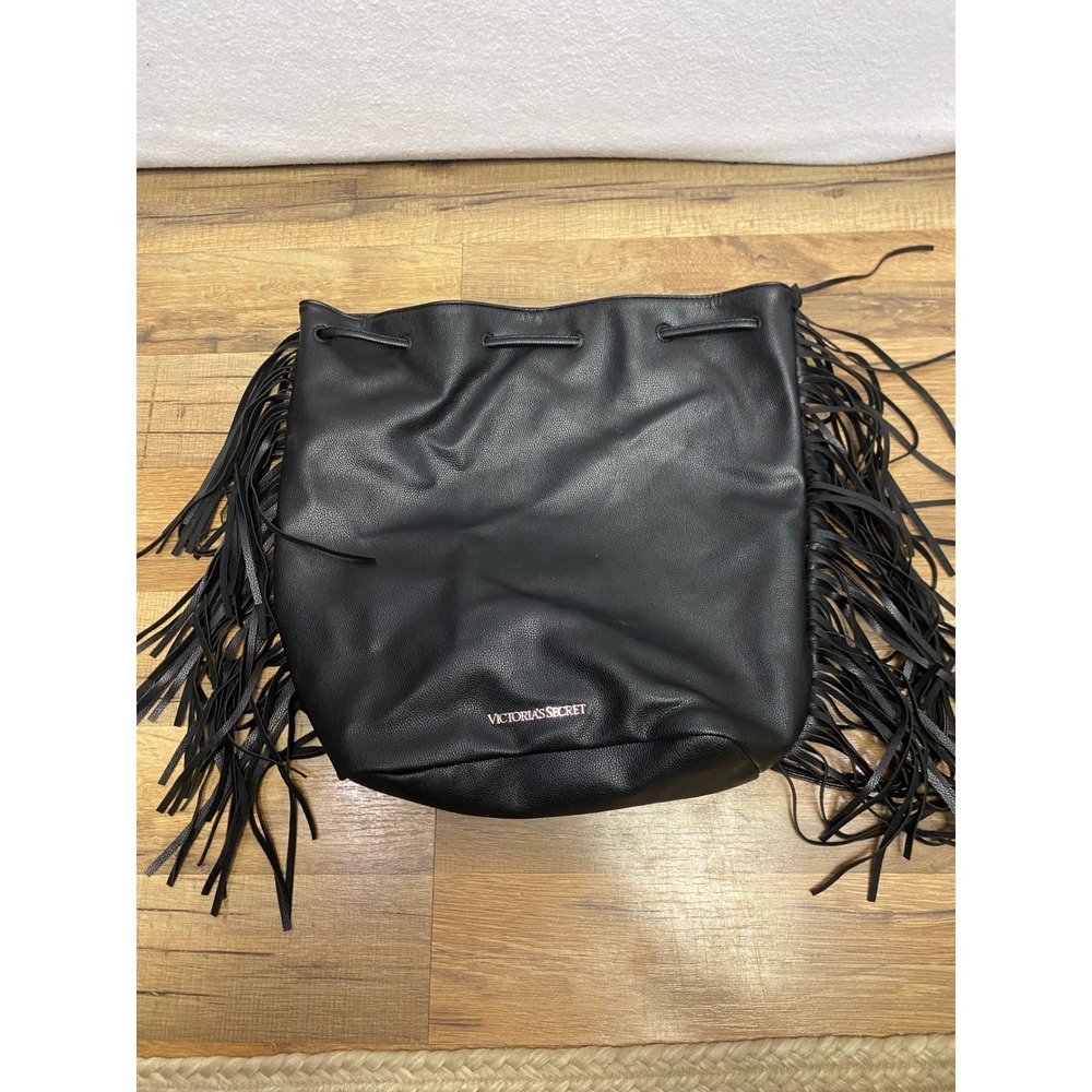Victoria's Secret Black Faux Leather‎ Fringe Drawstring Bucket Bag